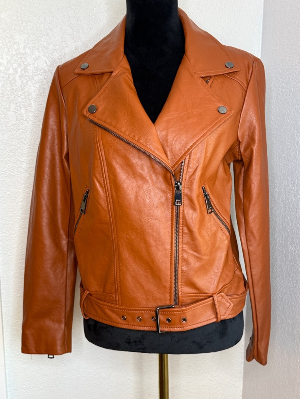 Elodie Cognac Vegan Leather Moto Jacket Belted Biker Jacket M model off duty